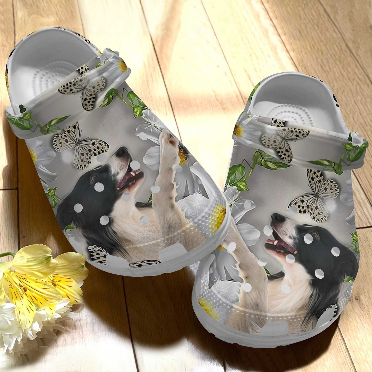 Border Collie Personalized Clog, Custom Name, Text Border Collie Daisy And Butterfly, Fashion Style For Women, Men, Kid, Print 3D