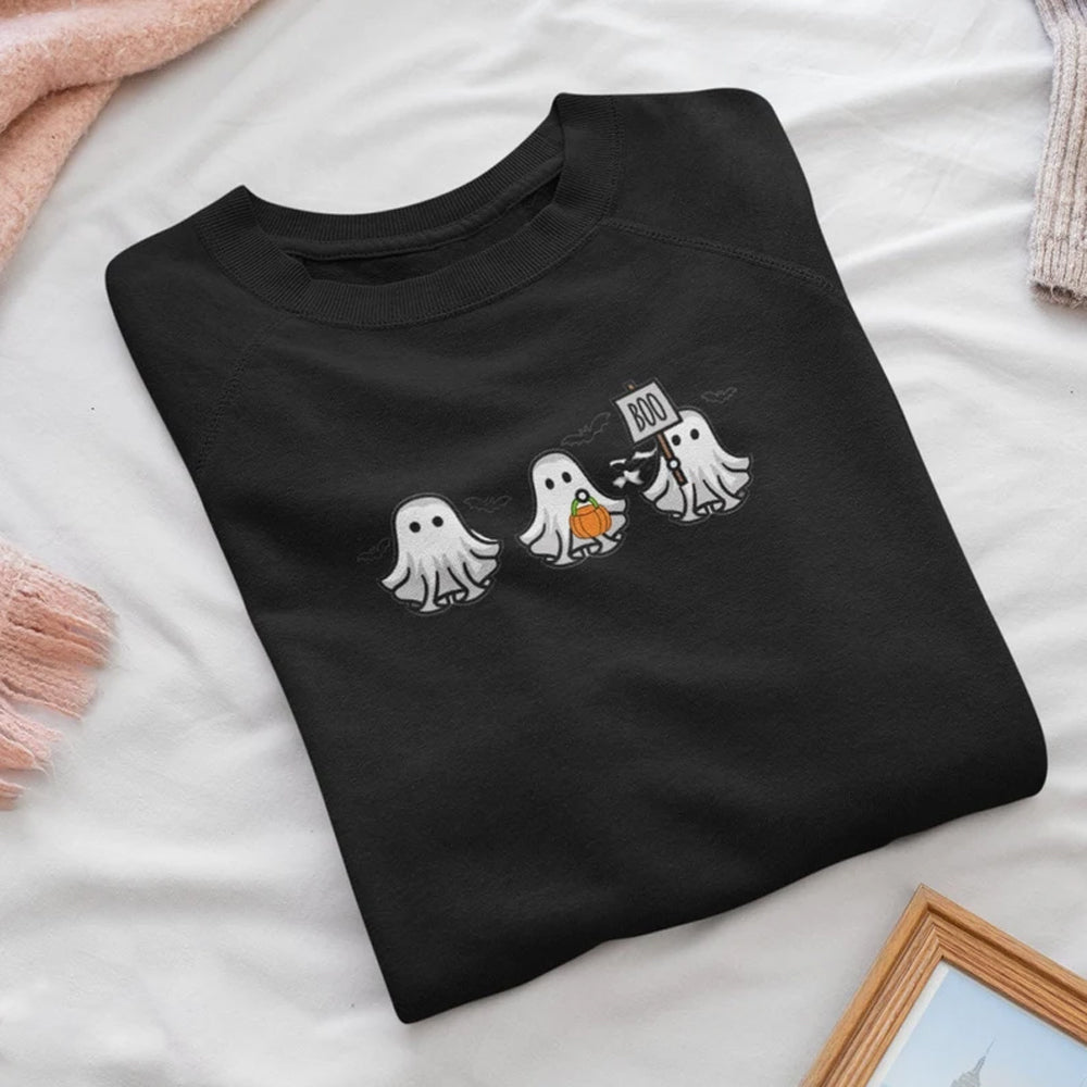 Embroidered Cute Ghosts Halloween Sweatshirt 2D Crewneck Sweatshirt All Over Print Sweatshirt For Women Sweatshirt For Men Sws2584