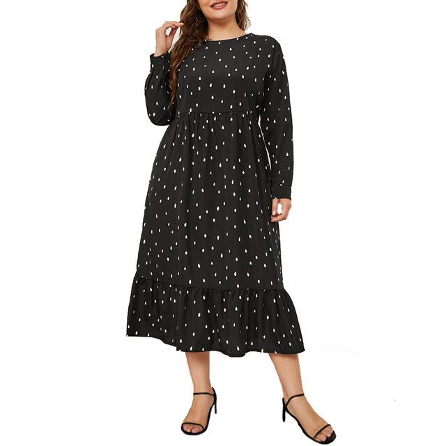 2022 New Fashion Autumn And Winter Printing Women Plus Size Long Sleeve Polka Dot Dress Round Neck Wavy Long Dress Party L-4XL alx