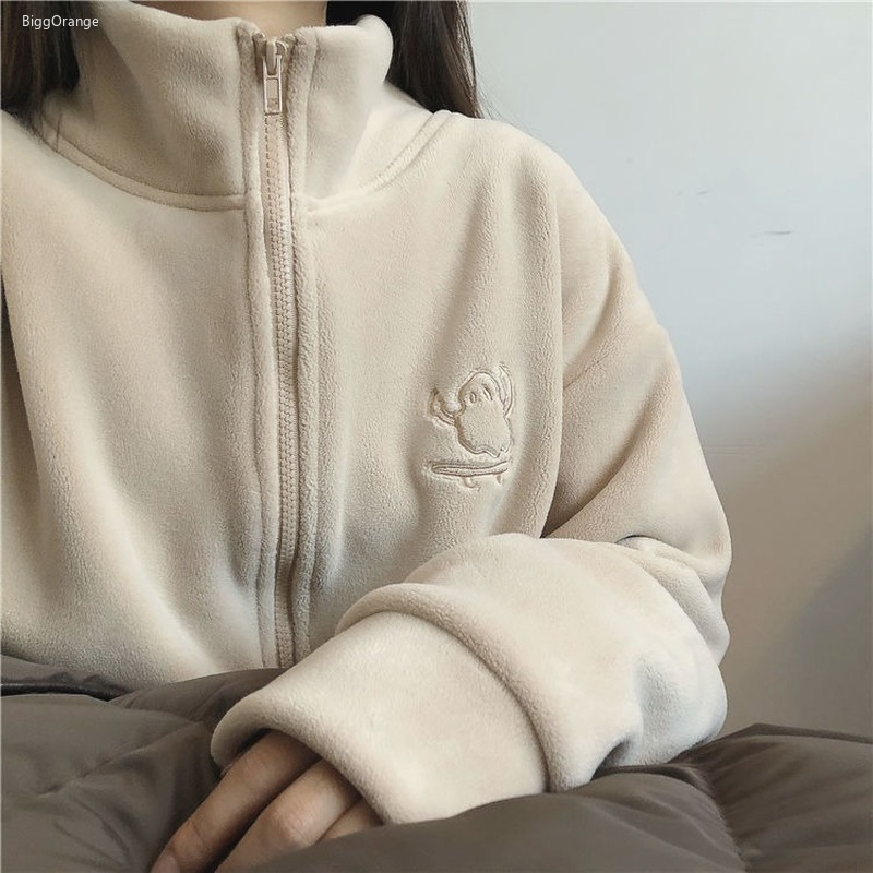 Casual Fleece Thick Hoodies Women Jacket Autumn Winter Korean Fashion Loose Stand Collar Plush Zipper Sweatshirt Outwear Hoodies alx