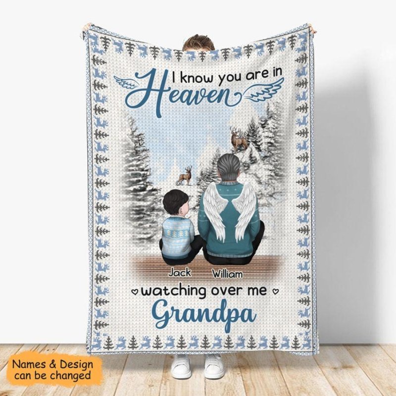 Kid And Angel Grandparents Snow Personalized Christmas Blanket