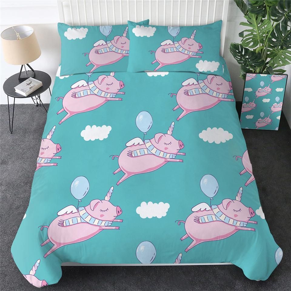 3D Balloon Flying Unicorn Pig Cotton Bed Sheets Spread Comforter Duvet Cover Bedding Sets