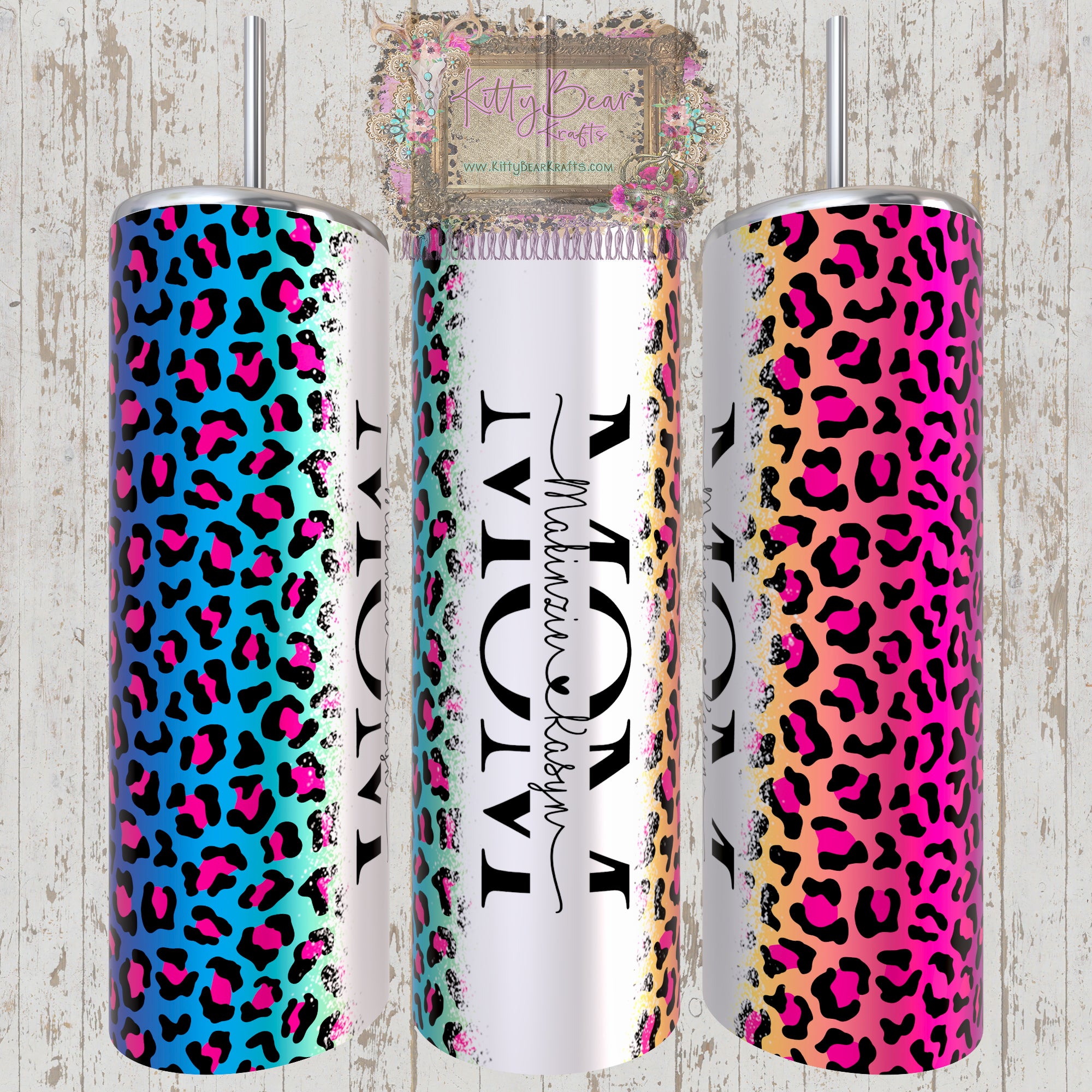 Personalized Mom Neon Rainbow Colors Leopard Tumbler