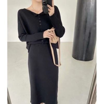 2022 Autumn And Winter New Korean Style Single Breasted Casual Front And Back Two-piece Knitted Cardigan Skirt Two-piece Set alx