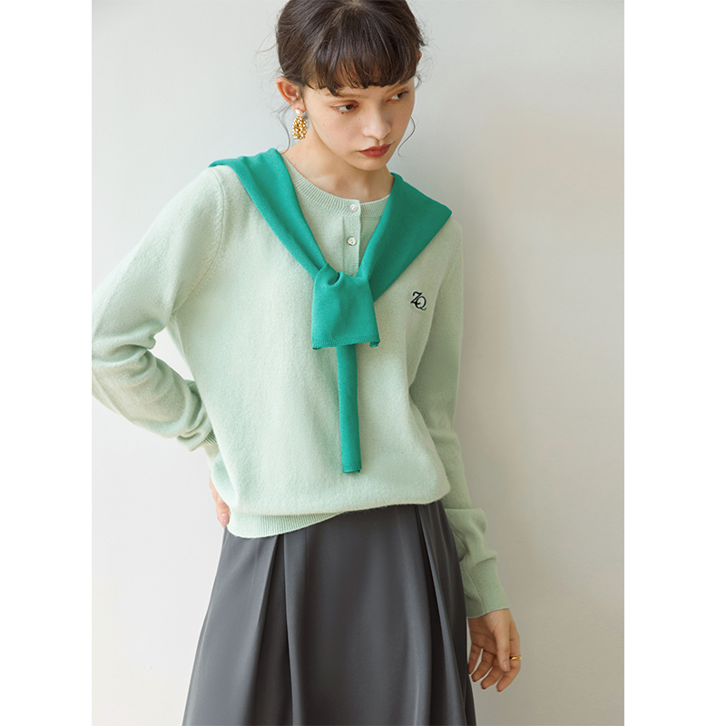 ZIQIAO French Retro Style Cardigan Women 2022 Autumn Green Long-sleeved Casual Round Neck All-match Female Sweater Pullovers alx