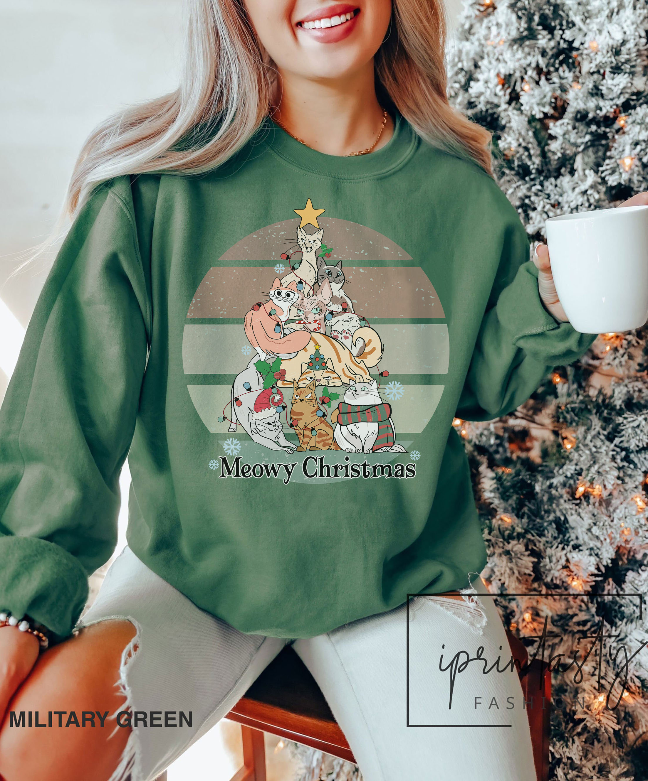 Meowy Christmas Sweatshirt, Christmas Cat Sweatshirt, Cat Lover Christmas Sweatshirt, Christmas gift for cat lovers, iprintasty christmas