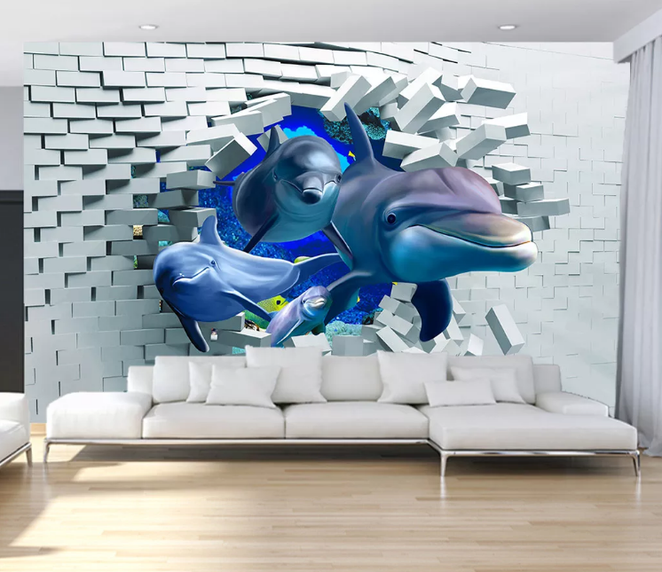 3D Dolphin Wall Hole Wall Mural Wallpaper Sf114