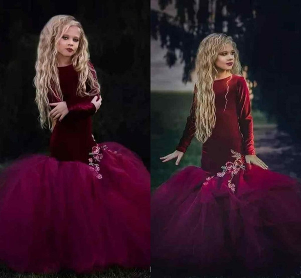 Burgundy Velvet Pageant Mermaid Flower Girls Dresses Long Sleeves Vintage Kids Formal Wear Embroidery Saudi Abric fille alx