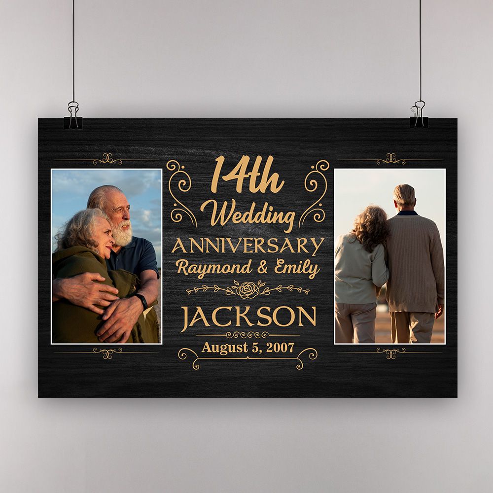 Personalized Photo, Names & Date 14Th Wedding Anniversary Gifts Poster For Couple, Husband, Him , Wife, Her