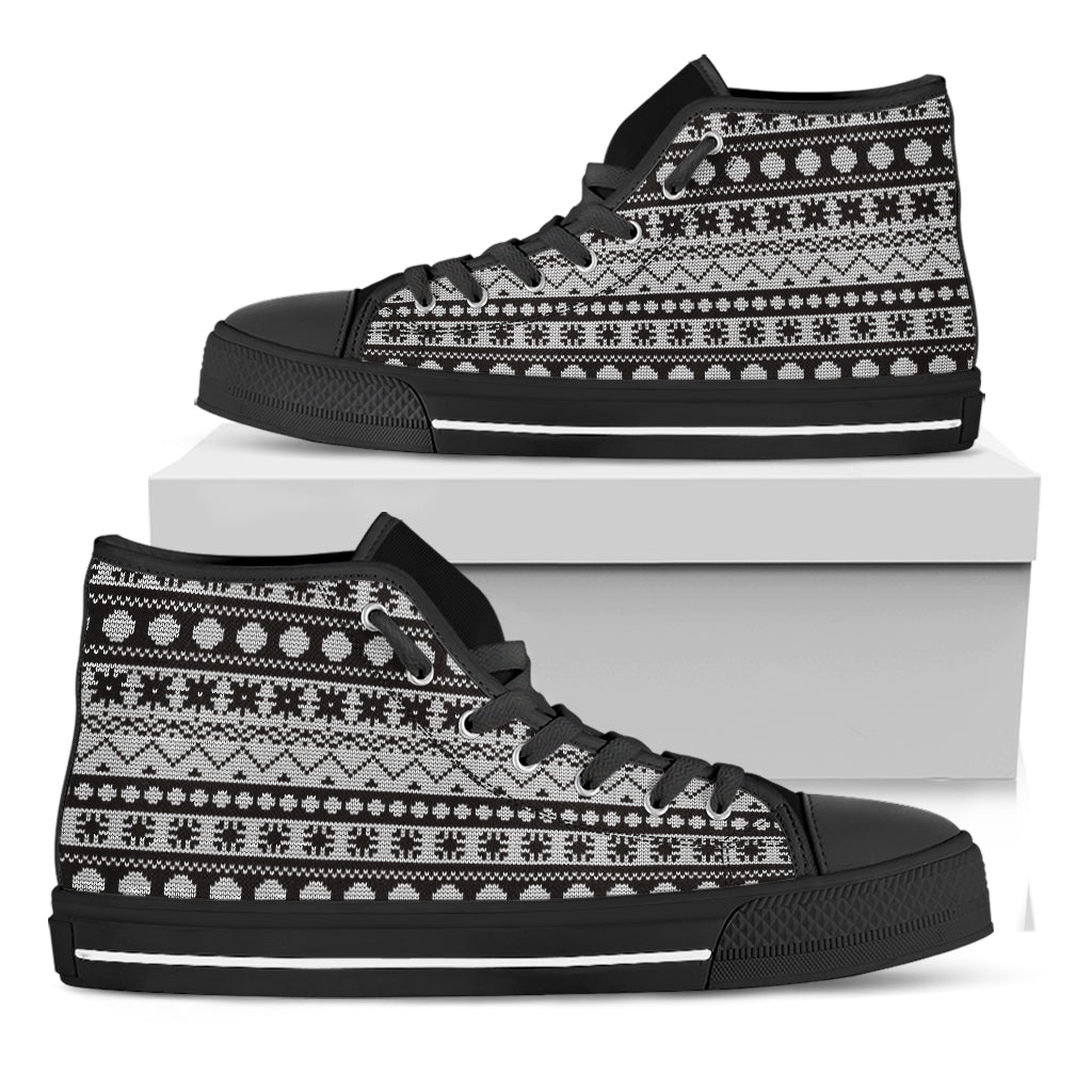 White And Black Knitted Pattern Print Black High Top Shoes