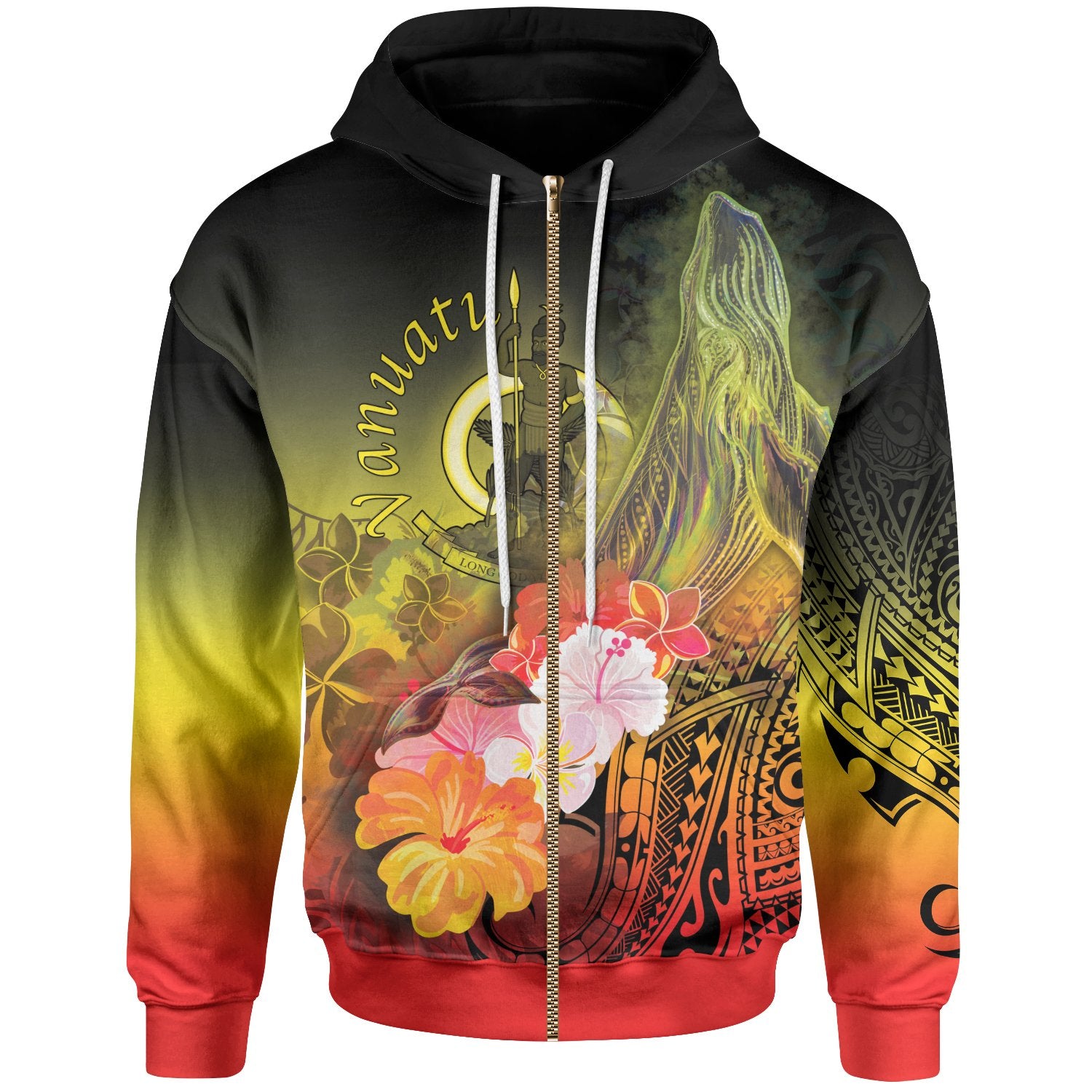 Vanuatu Zip-Up Hoodie – Humpback Whale With Tropical Flowers (Yellow)