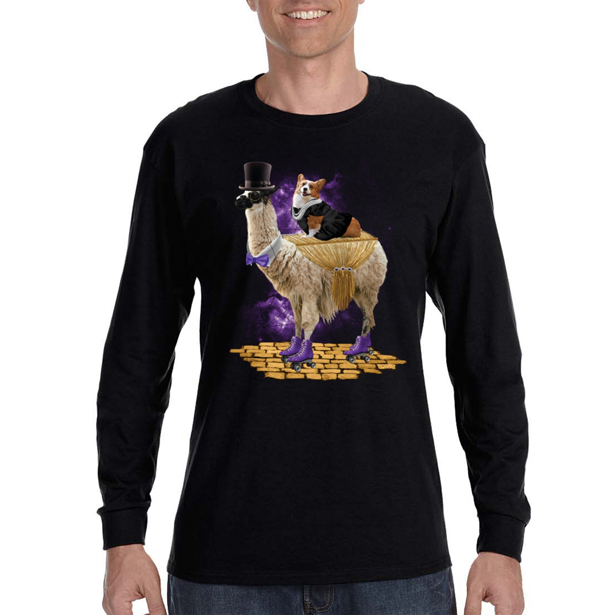 Xtrafly Apparel Men’S Corgi Express Llama Alpaca Dog Pet Puppy Space Galaxy Alien Rollerblades Wild Animal Zoo Ufo Alien Long Sleeve T-Shirt