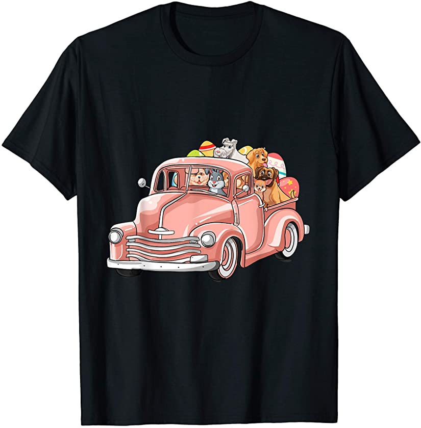 Bunny Riding Truck Easter Day Dogs Eggs Hunt Mens Girl T-Shirt