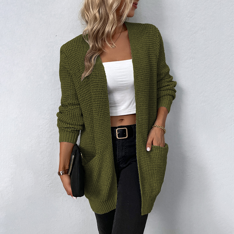 Autumn/Winter Women’s Sweater New V-Neck Solid Color Loose Fit Pockets Long Cardigan Knitted Coat Traf Casual Sweaters Women alx