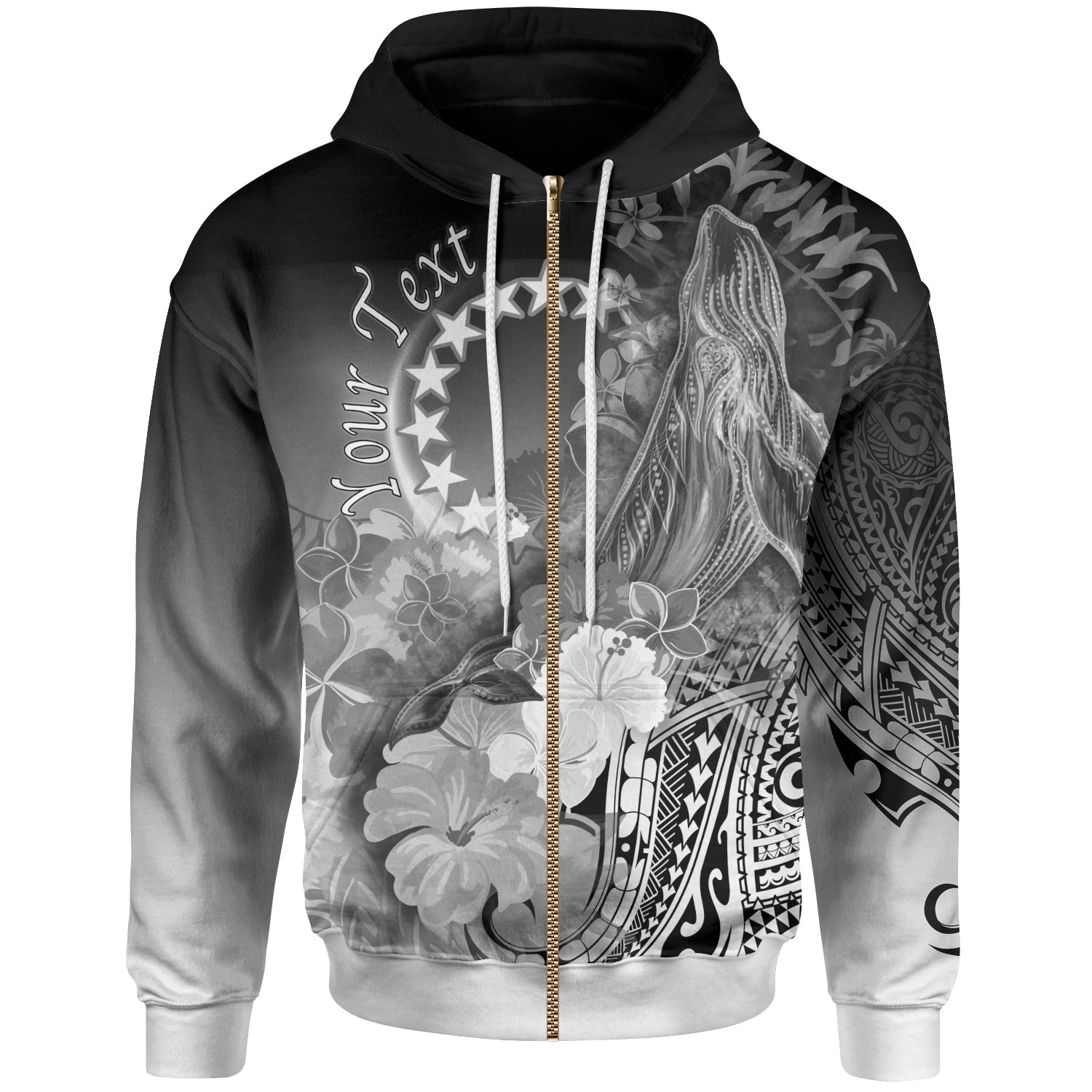 Cook Islands Custom Personalised Zip-Up Hoodie – Humpback Whale with Tropical Flowers (White)- BN18