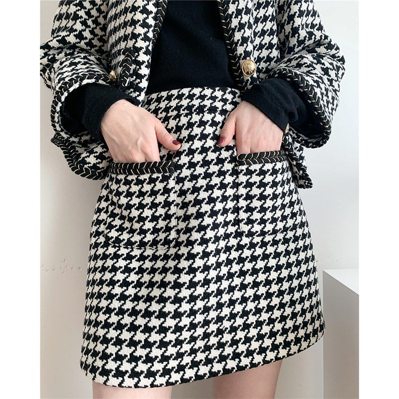 Bella Philosophy Korean Houndstooth Vintage Suits 2 Piece Set Knitted Cardigan Coat Bodycon Skirts Suits Casual Office Lady Sets alx