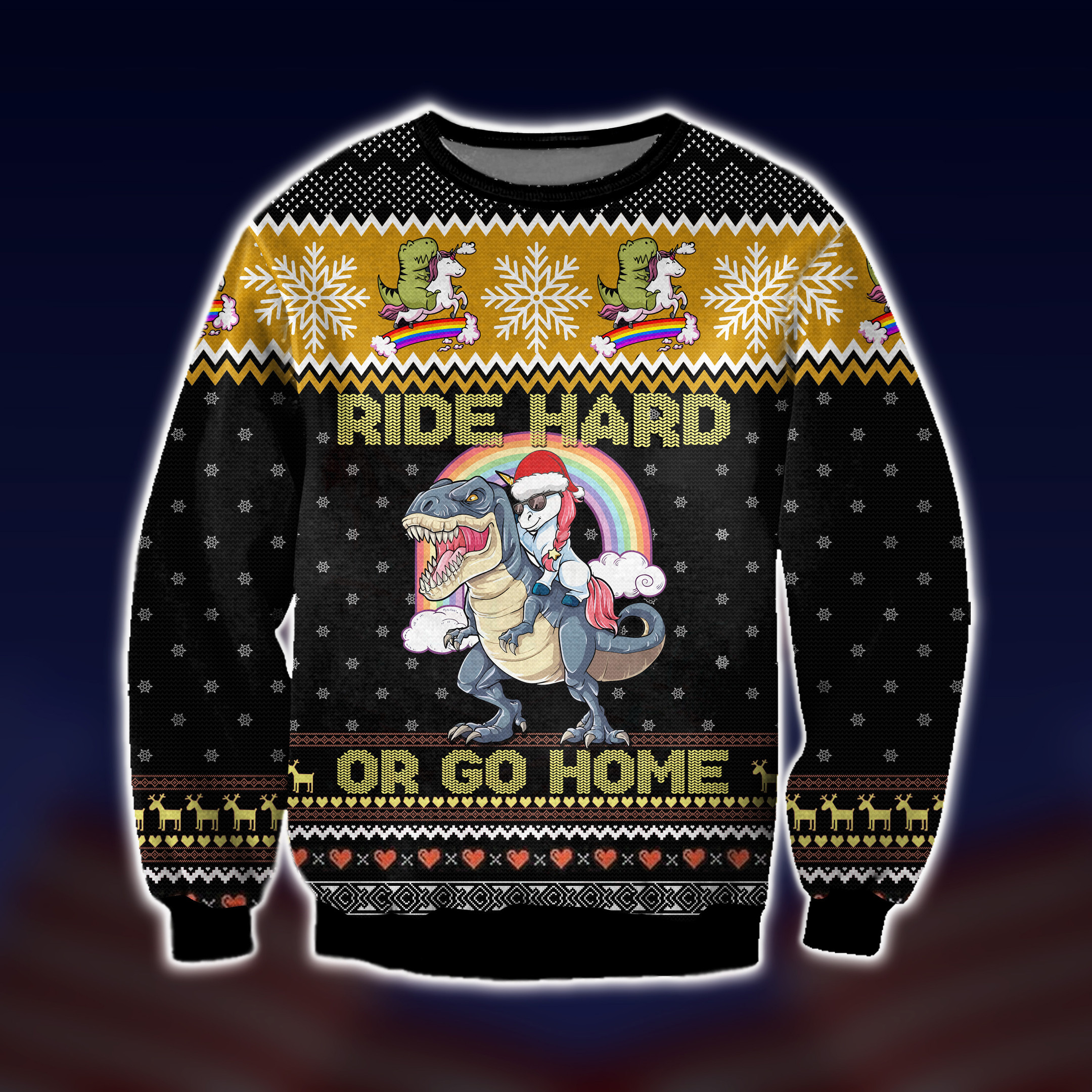 Dinosaur Unicorn Ride Hard Or Go Home Ugly Christmas Sweater