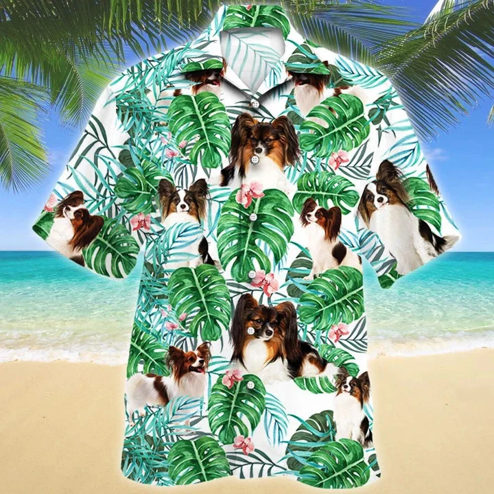 Papillon Dog Tropical Plant Monstera Leaves And Pink Flower Pattern Hawaii Shirt Ha94351