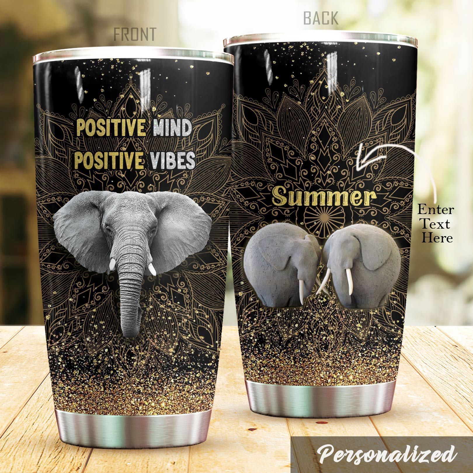 Personalized Elephant Positive Mind Positive Vibes Stainless Steel Tumbler Perfect Gifts For Elephant Lover Tumbler Cups For Coffee/Tea, Great Customized Gifts For Birthday Christmas Thanksgiving