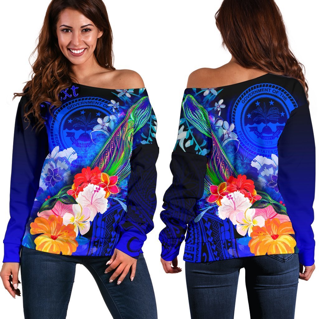 Federated States of Micronesia Personalised Women’s Off Shoulder Sweaters – Humpback Whale with Tropical Flowers (Blue)- BN18