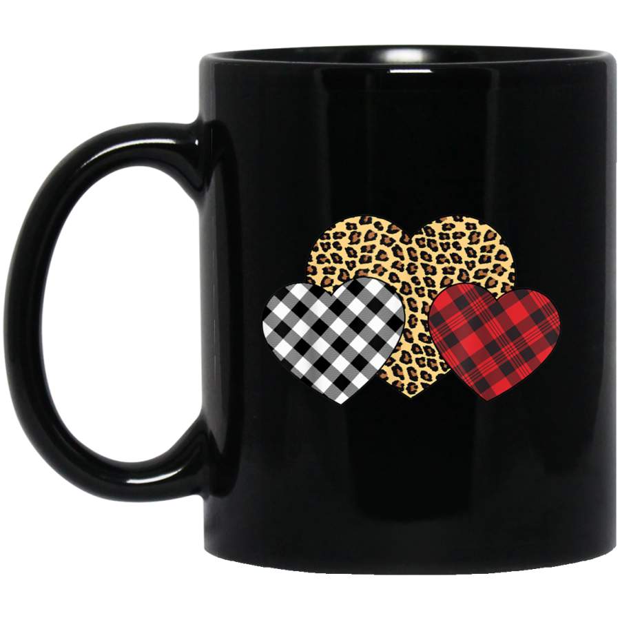 Three Hearts Leopard Buffalo Plaid Valentines day Girl Kid  11 oz 15 oz Mug