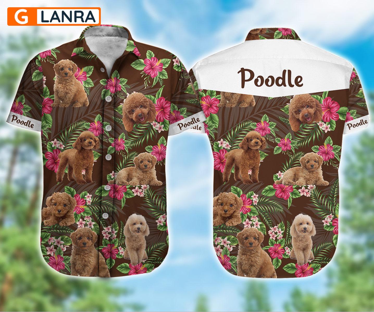 Poodle Button Shirt, Poodle Dog Leaves Flower Button Shirt, Poodle Dog Button Shirt, Dog Button Shirt, Summer Dog Hawaiian Shirt