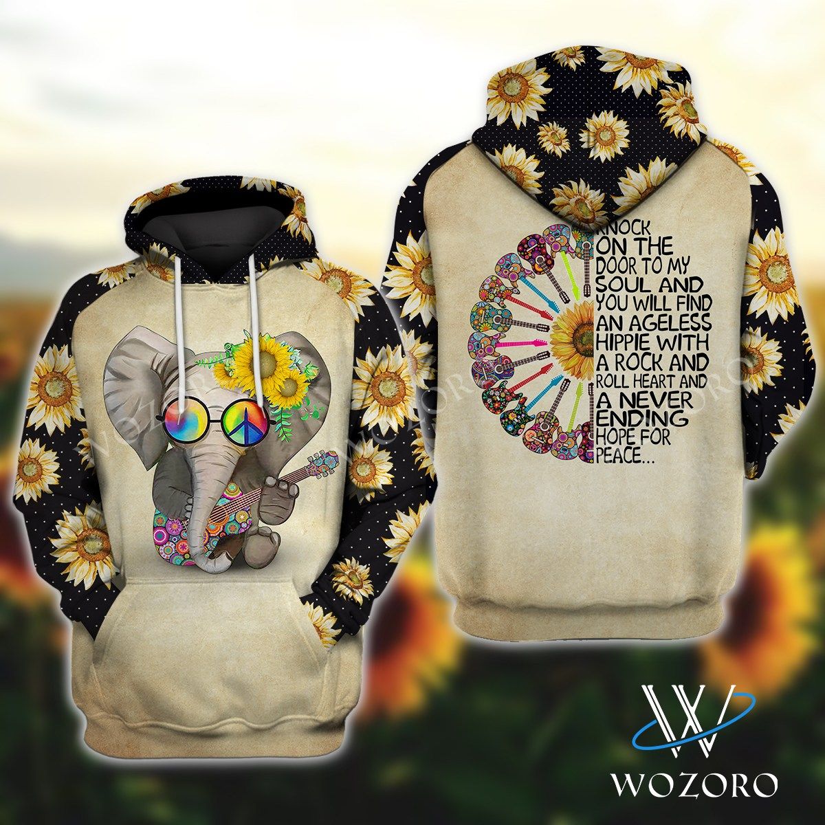 Guitar Elephant Hippie Awesome 3D Printed Sublimation Hoodie Hooded Sweatshirt Comfy Soft And Warm For Men Women S To 5Xl Ctc25039231