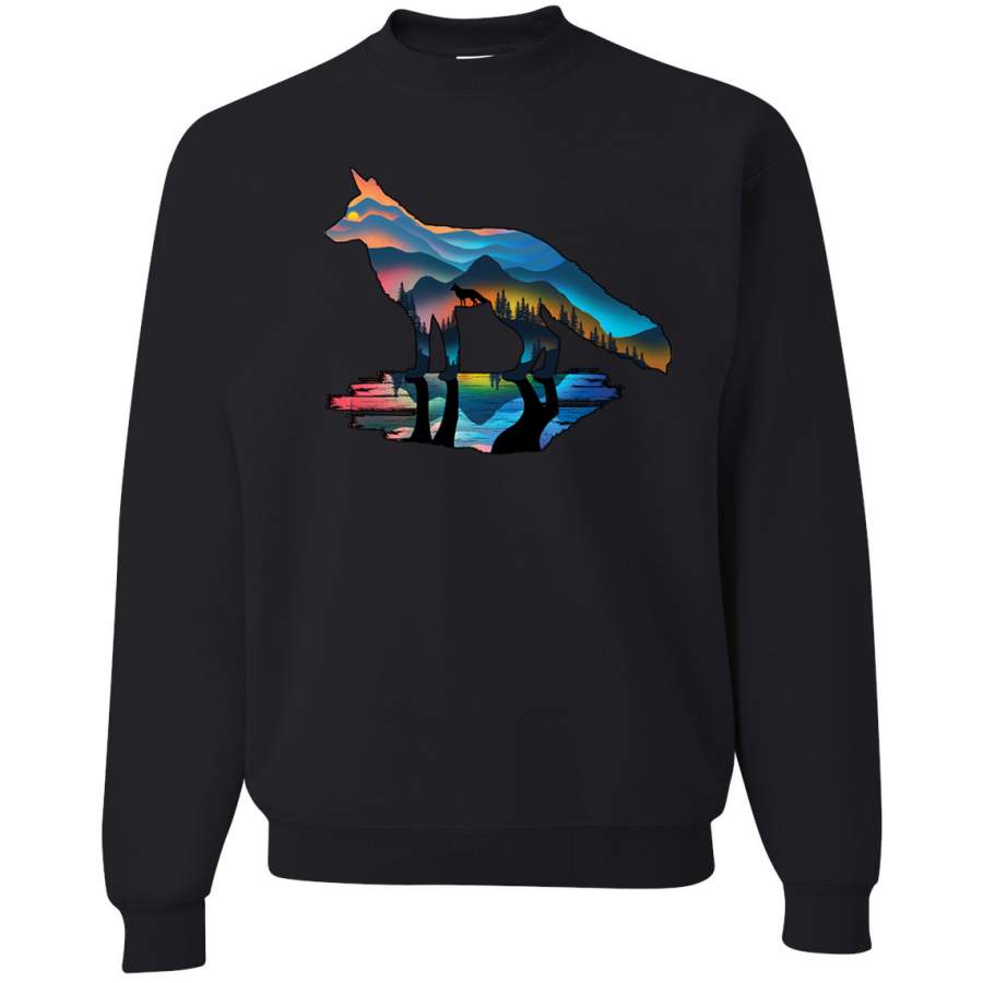 Trippy California Rainbow Neon Wolf Mountain Silhouette Animal Lover Crewneck Graphic Sweatshirt