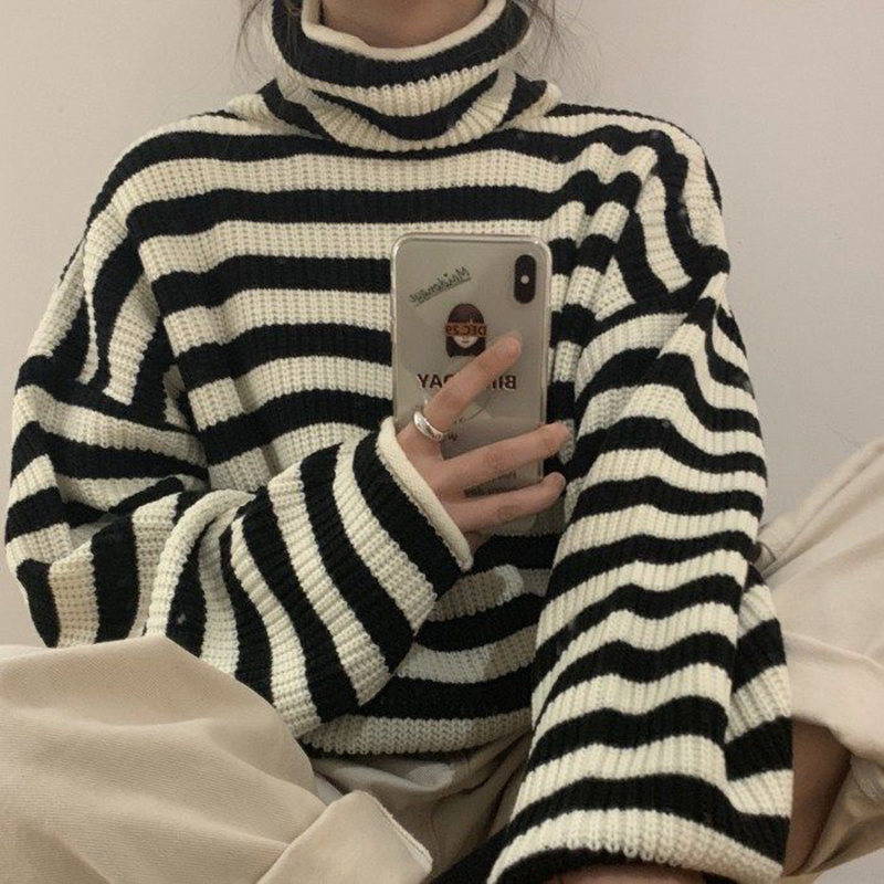 2021 Women’s Korean Striped Warm Turtleneck Sweater Casual All-match Long Sleeve New Autumn/Winter Campus Hot Sale Free Shipping alx