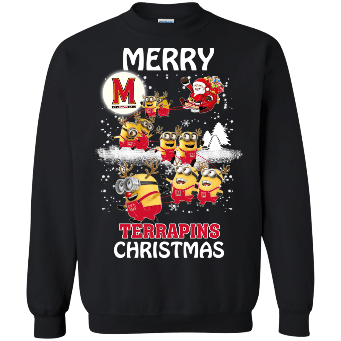 Perfect Maryland Terrapins Minion Ugly Christmas Sweaters Santa Claus With Sleigh Hoodies Sweatshirts