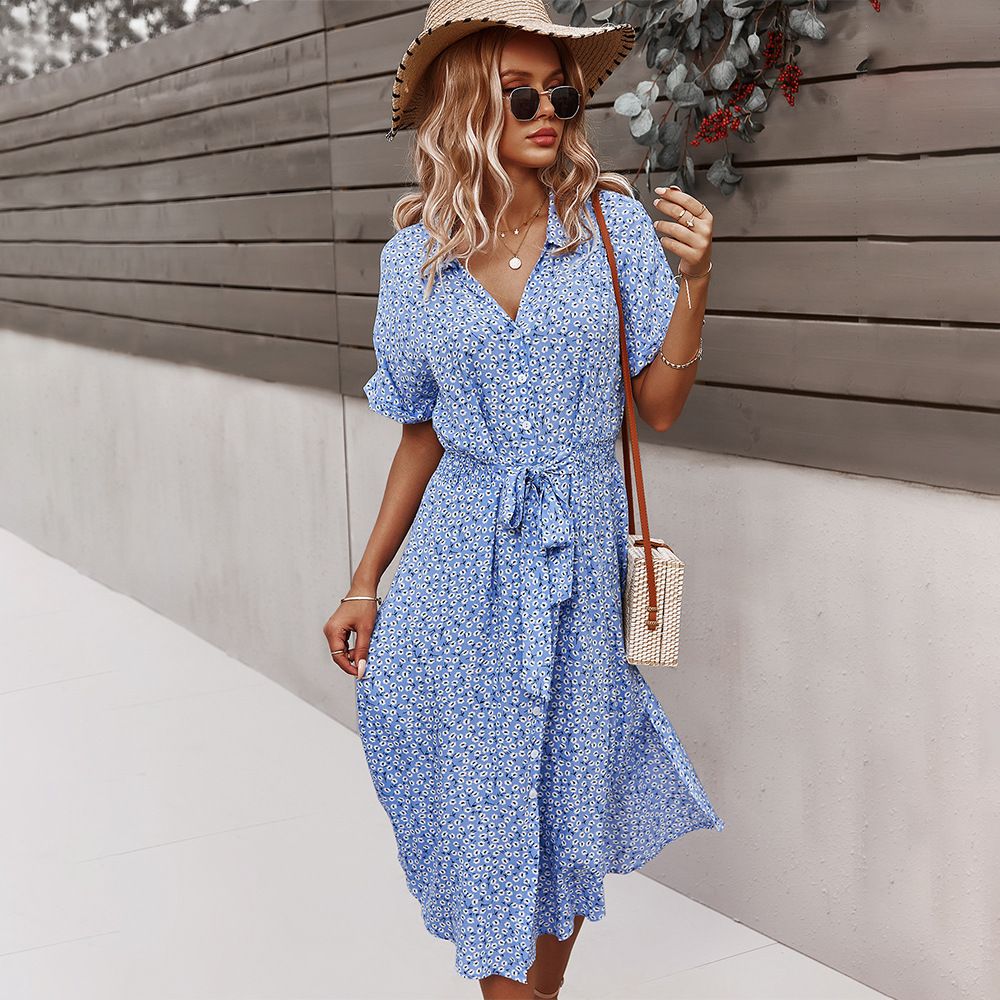 Beach Boho Summer Dress Shirt 2021 Floral Vintage High Waist Dresses Women Casual Loose Single-Breasted Midi Slim Elegant Robe alx