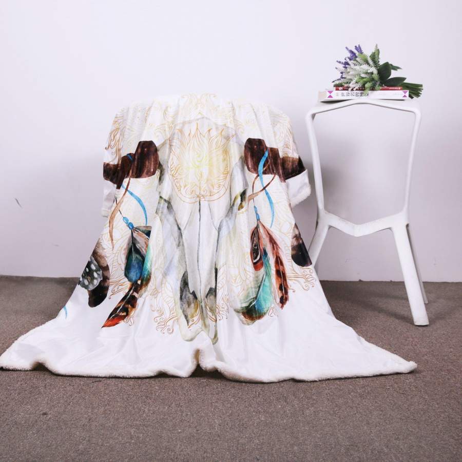 Skull Feather White Sherpa Blanket