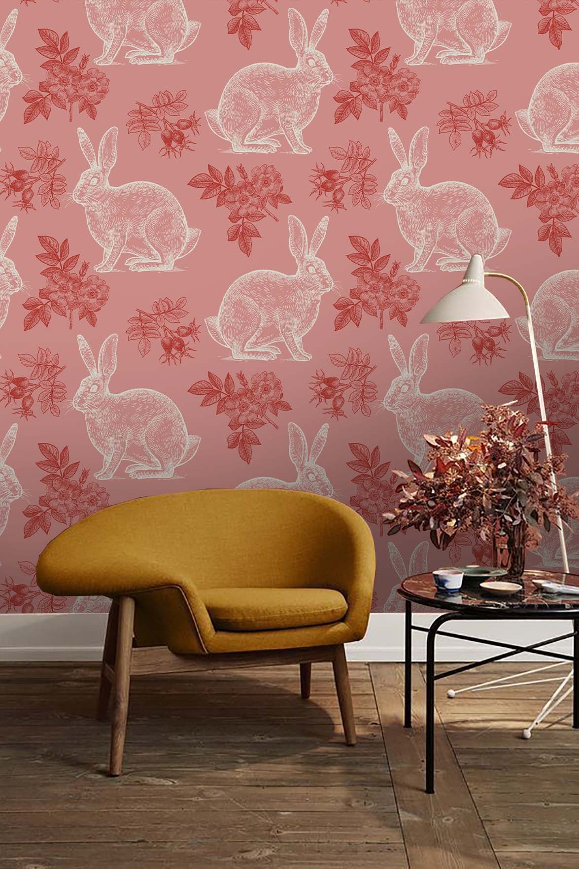 3D Pink Rabbit Leaf Wall Mural Wallpaper 172