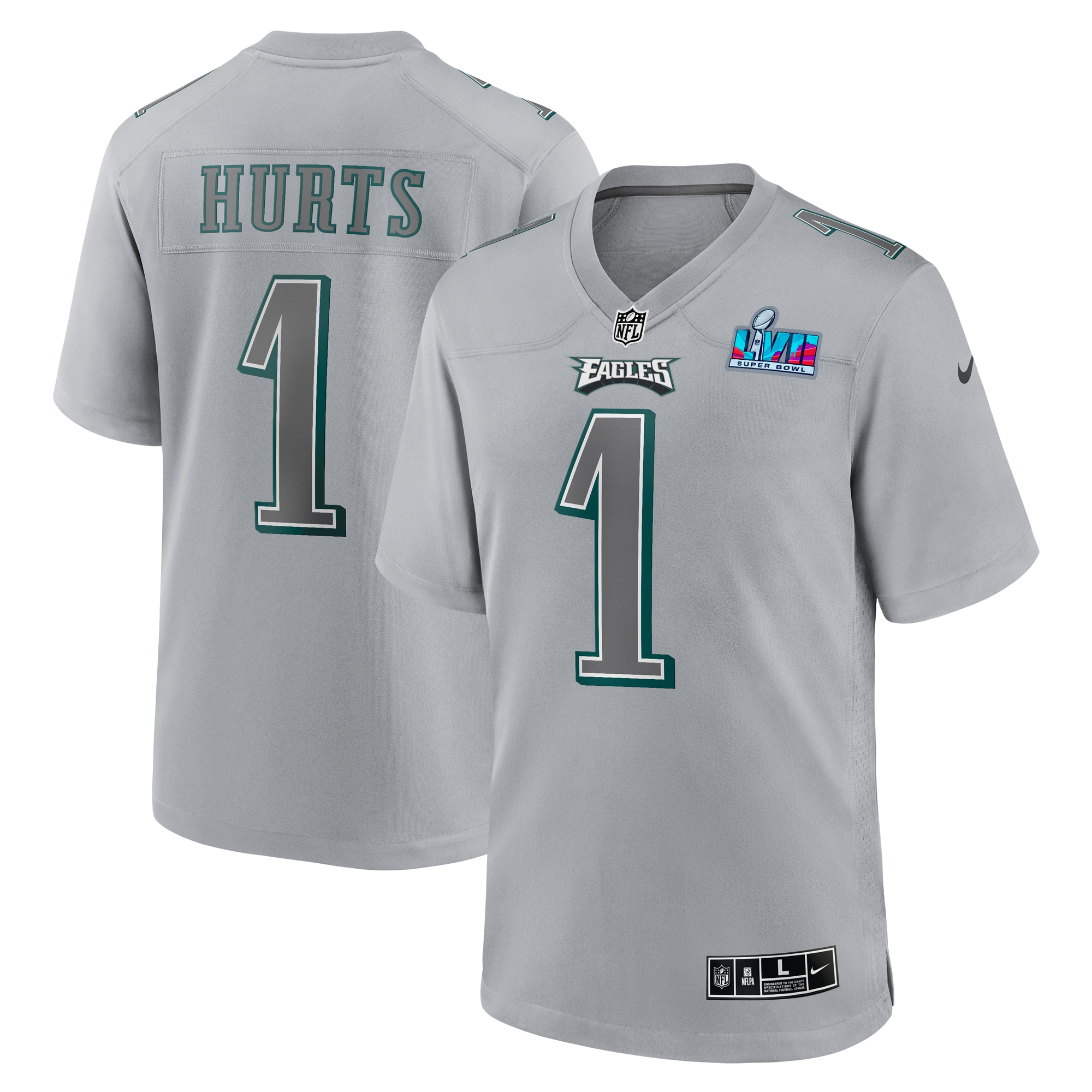 Men’s Philadelphia Eagles Jalen Hurts Gray Super Bowl LVII Patch Atmosphere Fashion Game Jersey