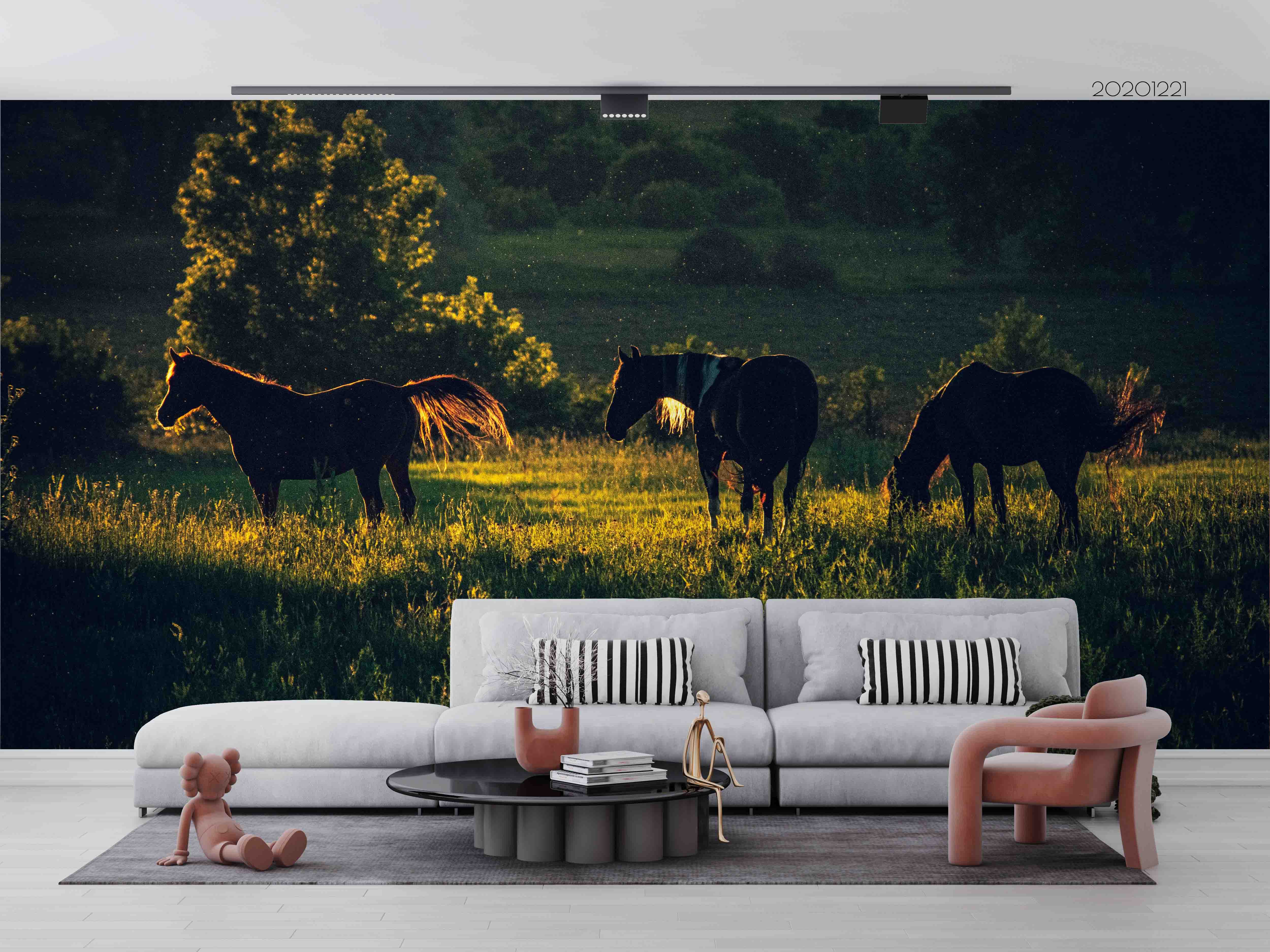 3D Grassland Animal Horse Tree Wall Mural Wallpaper Lqh 53