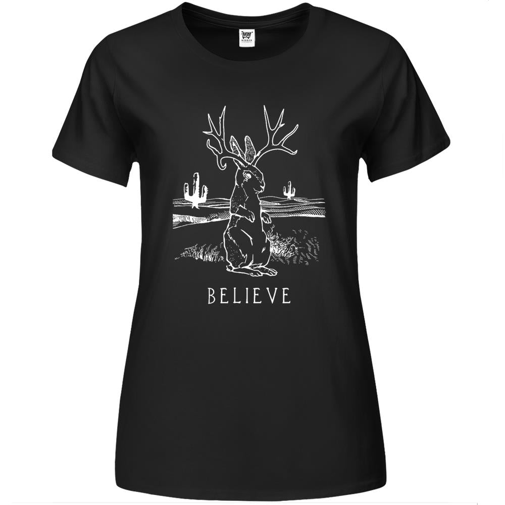 Believe Jackalope Premium Womens T Shirts, Cryptid Rabbit Bunny Premium Womens T Shirts