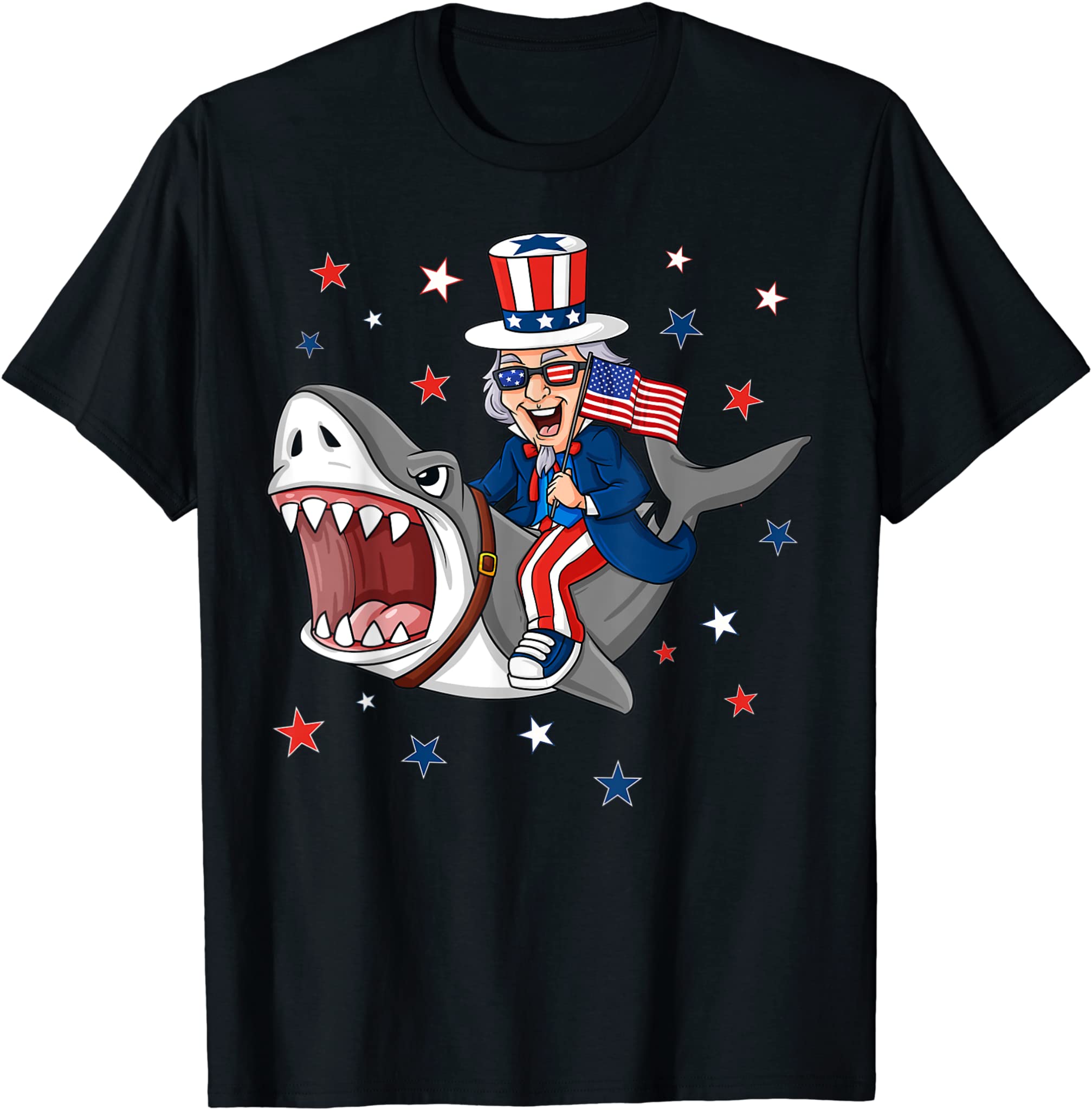 Uncle Sam Riding Shark 4Th Of July Patriotic Boys Kids Funny T-Shirt