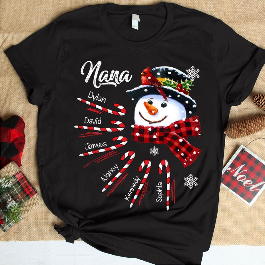 Personalized Nana Snowman Christmas Shirt, Christmas Grandma Nana Mimi Shirt Custom Kidnames, Nana Snowman Candy CaneShirt  for Xmas 2022