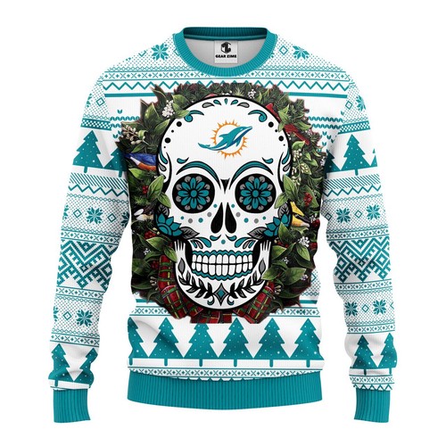 Miami Dolphins Skull Flower Christmas Gift For Fan Ugly Wool Sweater Christmas