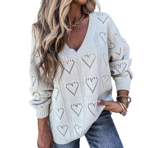 Women Autumn Winter Love Heart Hollow Crochet Sweater Loose V Neck Long Sleeve Casual Knitwear Jumper Rose Red/Pink/Khaki/White alx