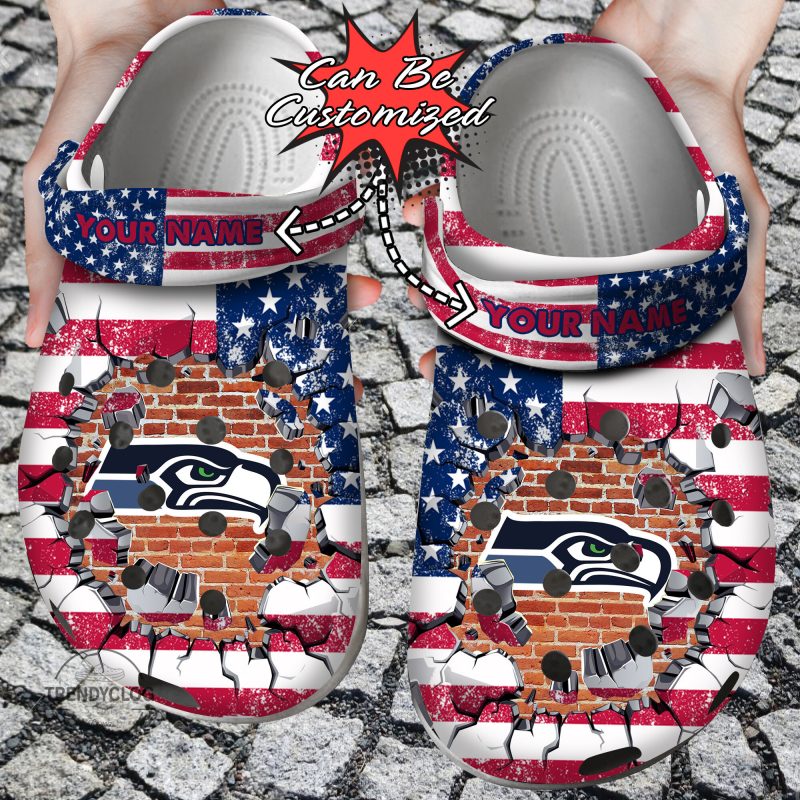 Football Personalized SSeahawks American Flag Breaking Wall Clog Shoes