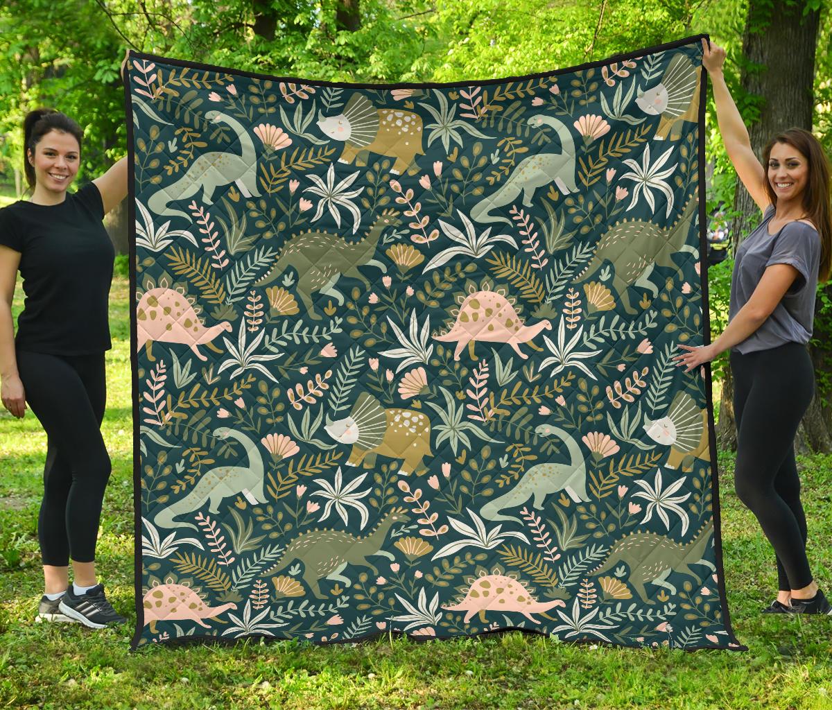 Dinosaurs Tropical Leaves Flower Pattern Premium Quilt