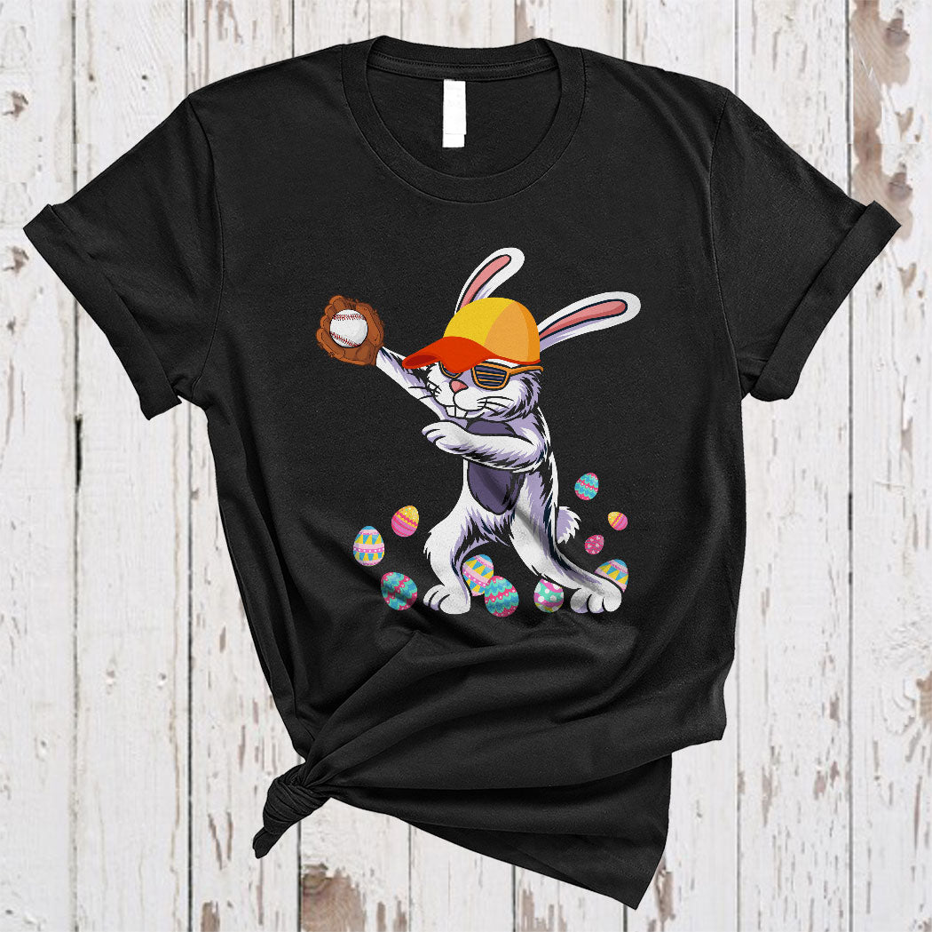 Dabbing Bunny Playing Baseball Cute Cool Easter Day Baseball Catcher Player Egg Hunt T-Shirt