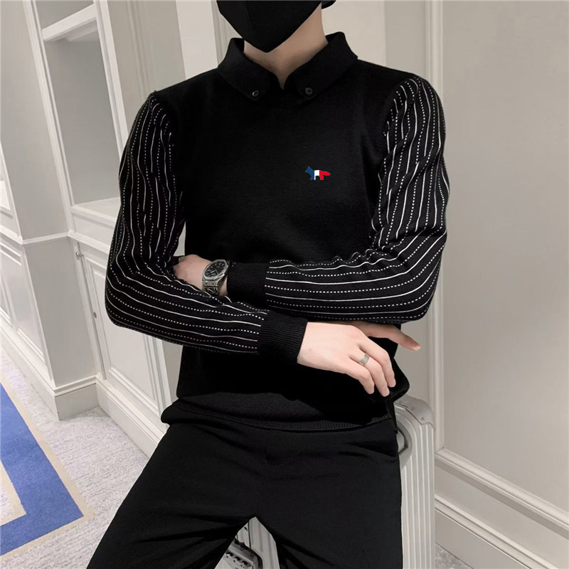 2022 New Men Sweaters Tricolor Fox Embroidery Autumn Thick Warm Sweaters Trend Design Sense Gentleman Lapel Slim Knit Base Coat alx