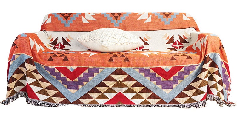 Aztec Pattern Orange Vintage Retro Style Couch Sofa Blanket,  Woven Throw Blanket Home Decor