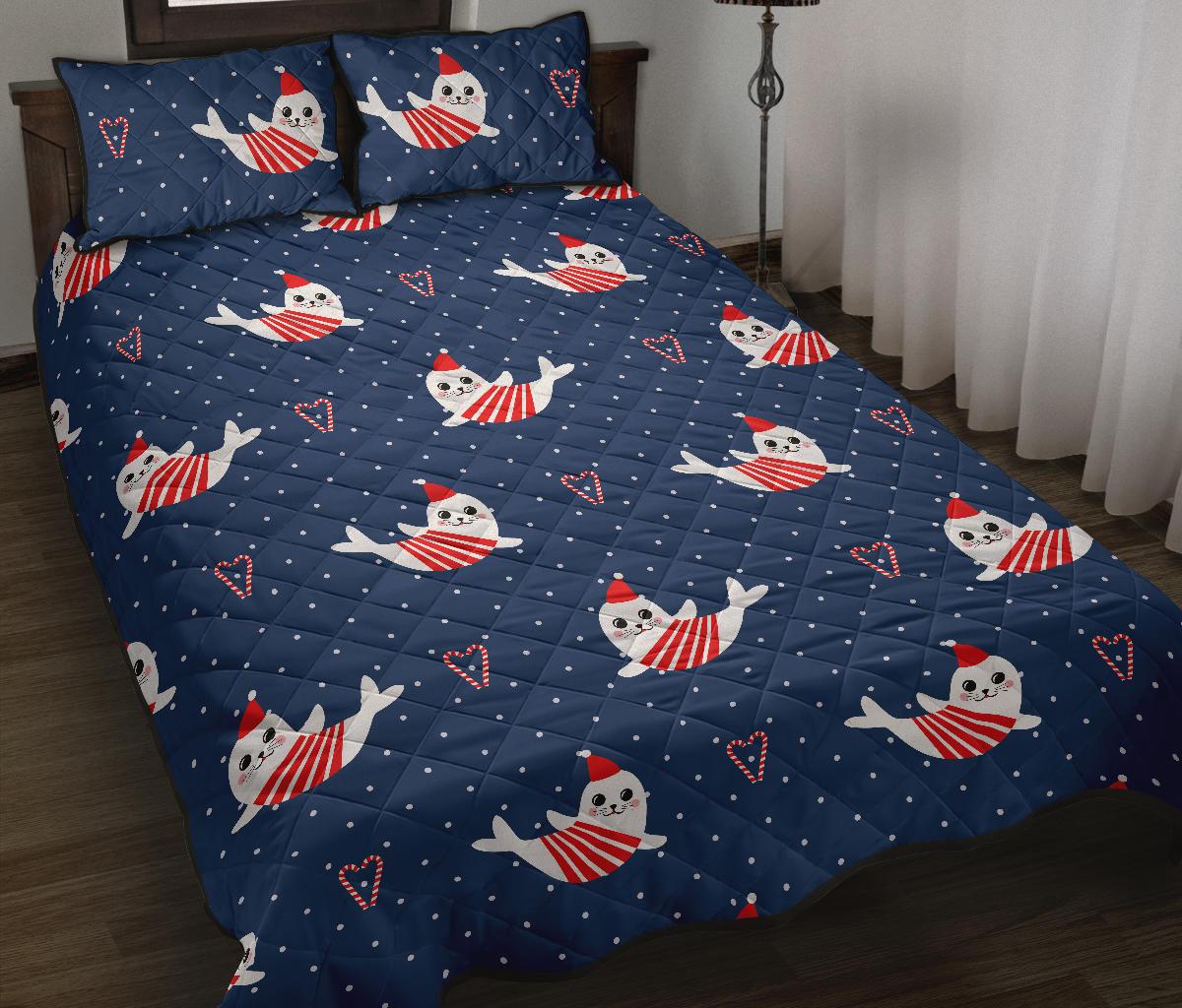 Cute sea lion seal christmas hat candy cane heart pattern Quilt Bed Set