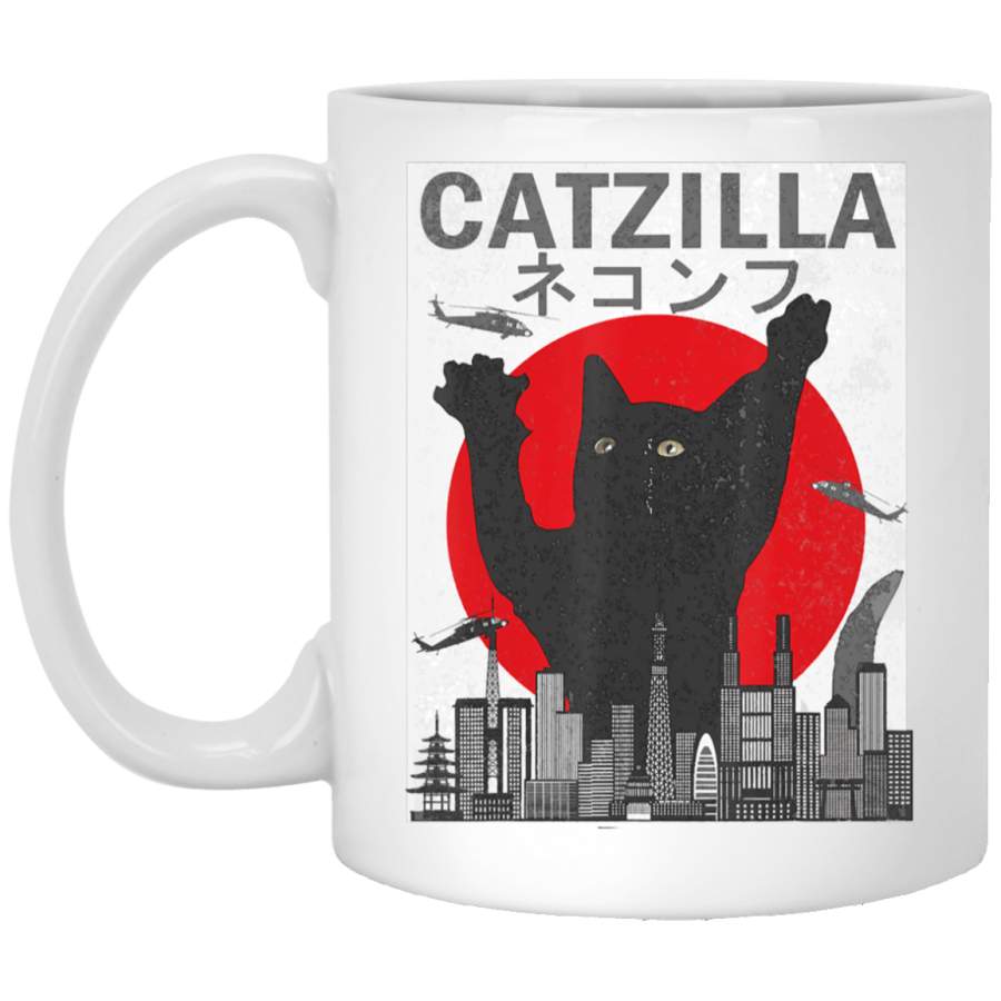 Vintage Catzilla Japanese Sunset Style Cat Kitten Lover White Mug