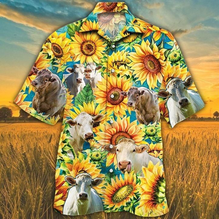 Men Charolais Cattle Shirt Yellow Lovers Sunflower Watercolor Hawaii Ha102410