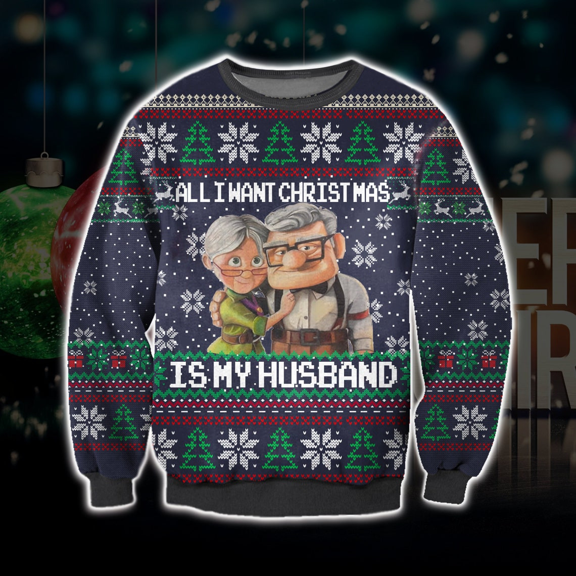 Up Movie, Ellie And Carl In Up Merry Christmas Ugly Sweatshirt, Christmas Ugly Sweater