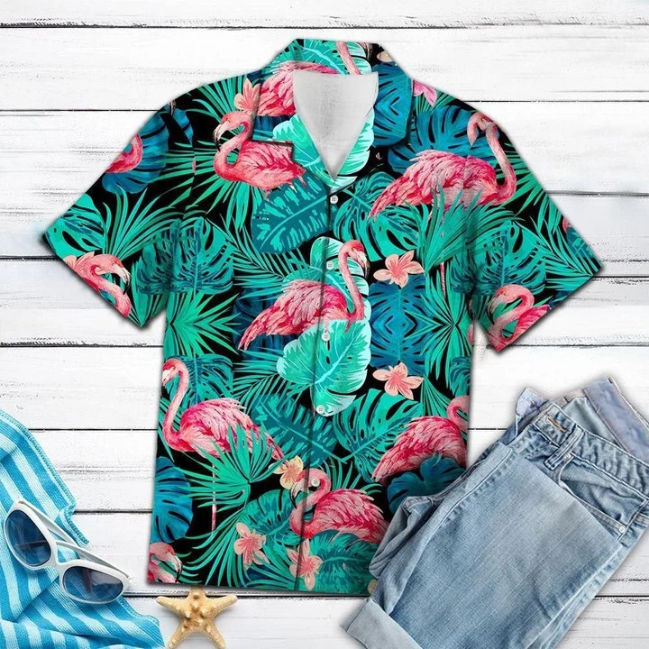 Green Leave Flamingo Ornamental Hawaii Shirt Ha66345